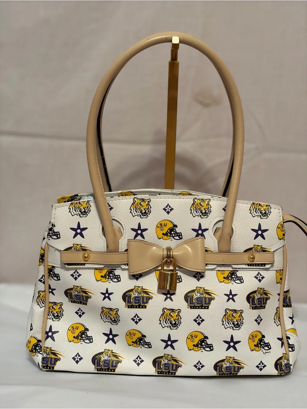 LSU Themed White & Tan Satchel Bag with Bow Accent & matching accessory pouch